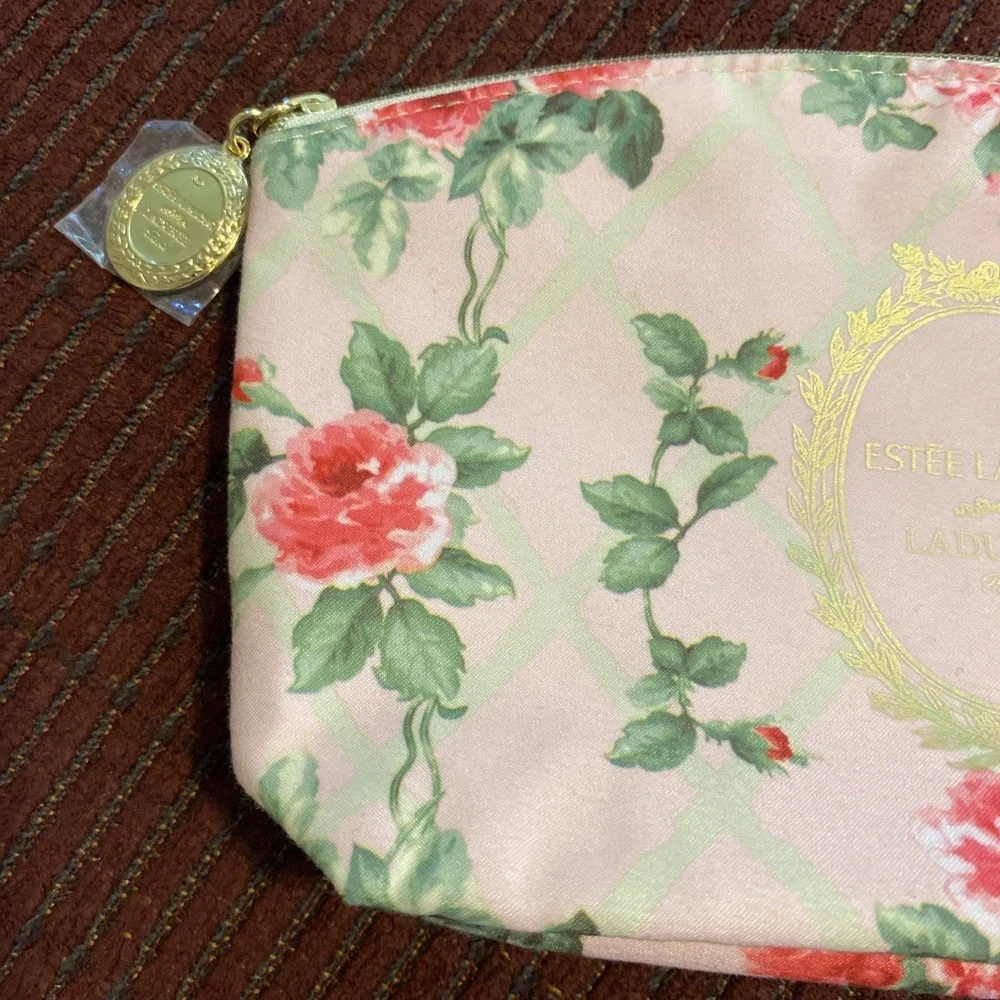 NEW ESTEE LAUDER X LADUREE MAKE-UP COSMETIC BAG ROSE FLORAL PATTERN PINK